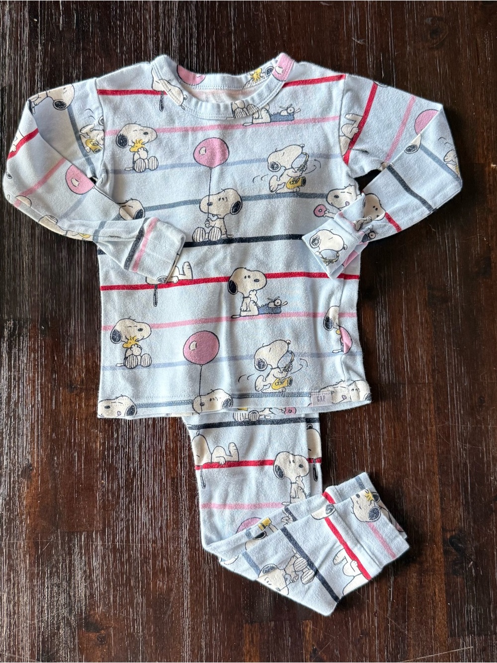 GAP Light Blue Snoopy Pajama Set with Pink & Navy Stripes